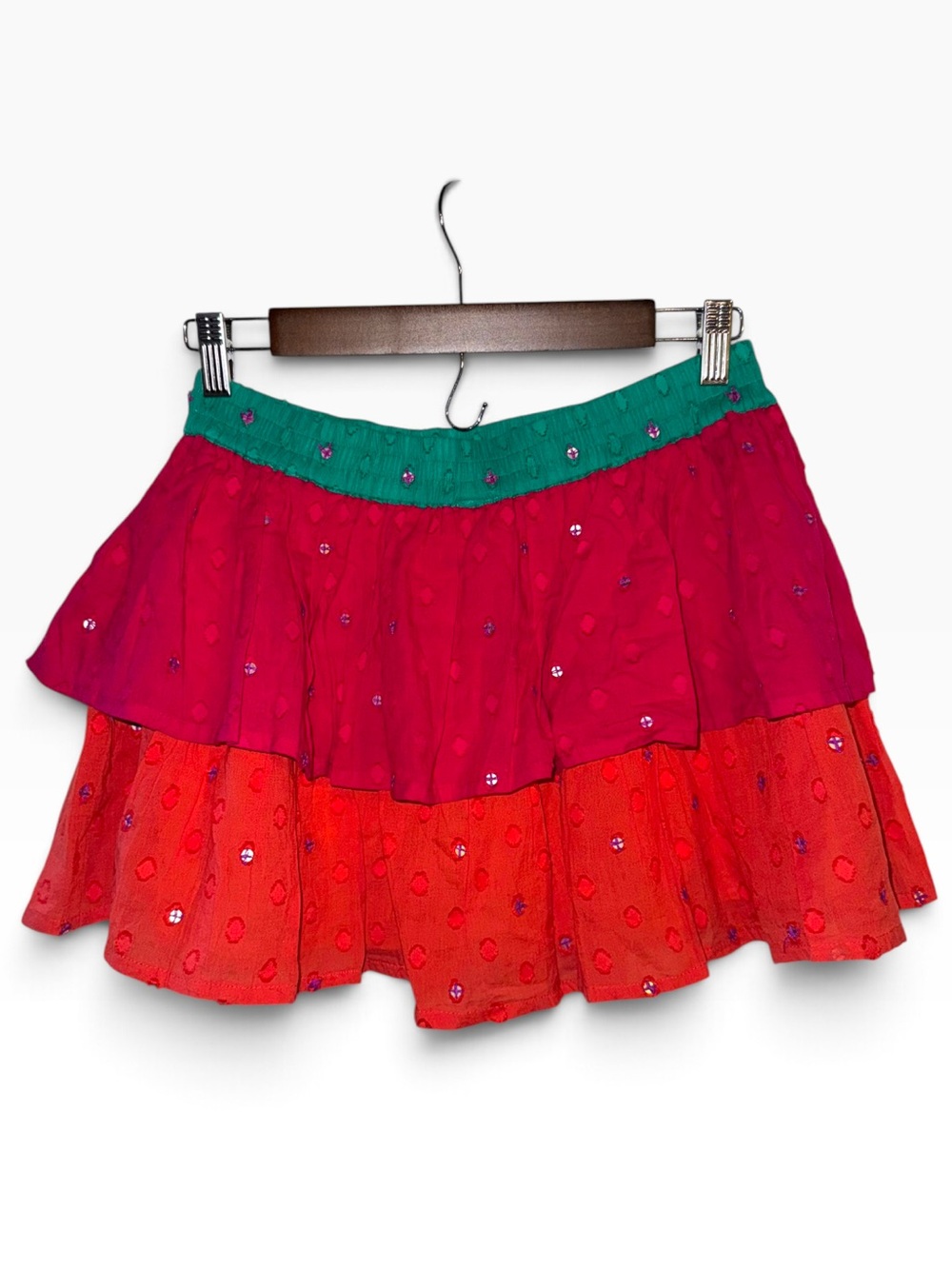 Tessora Tiered Cotton Skirt Small Embroidered Colorblock Boho